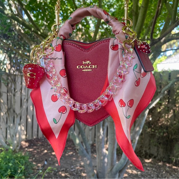 Red Coach Heart Crossbody CE652 Strawberry Bag Charm CH838 & Heart Cherry Scarf - Picture 1 of 15